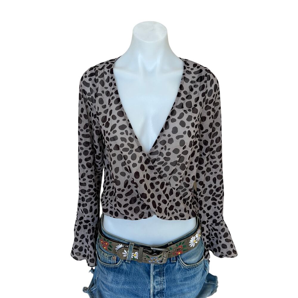 Revolve Leopard Wrap Top XS Sheer Animal Print Tan Plunging Superdown $57 NEW - Picture 4 of 7